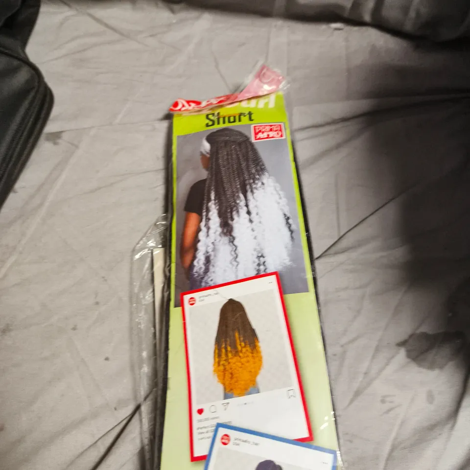 BOX OF APPROXIMATELY 15 ASSORTED HAIR PRODUCTS INCLUDING EZ CURL SHORT AND K TIP HAIR