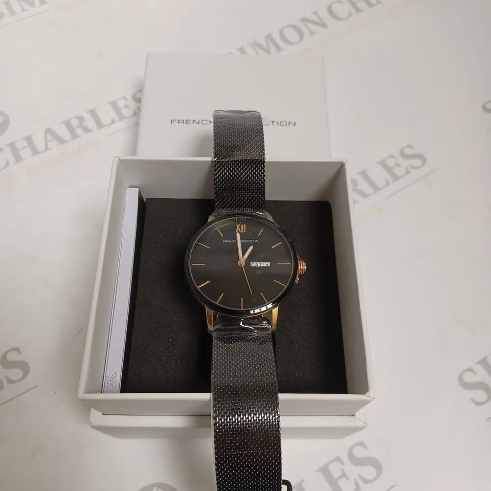 BOXED FRENCH CONNECTION LADIES BLACK DIAL WATCH - BLACK & ROSE GOLD