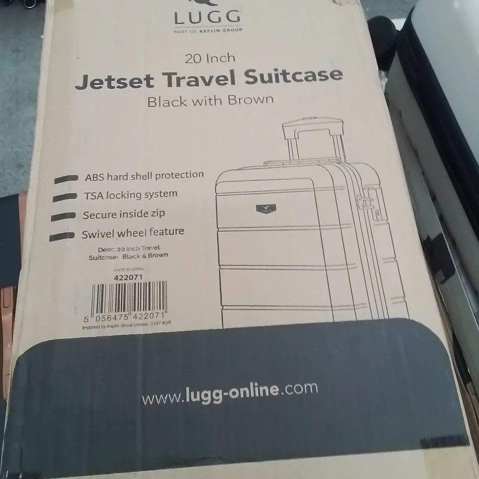 BOXED LUGG 20INCH JETSET TRAVEL SUITCASE BLACK AND BROWN 