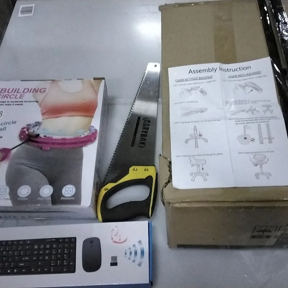 PALLET OF ASSORTED ITEMS INCLUDING A BODYBUILDING CIRCLE , HANDHELD SAW ,WIRELESS KEYBOARD SET , STOOL