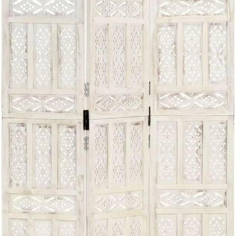 BOXED VIDAXL HAND CARVED SOLID MANGO WOOD 3-PANEL ROOM DIVIDER - WHITE