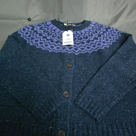 SEASALT CORNWALL PORT KINNIS MERINO CARDIGAN – NAVY WITH BILBERRY YOKE, UK 14