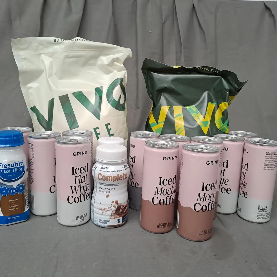 APPROXIMATELY 17 ASSORTED FOOD AND DRINK PRODUCTS VIVO LIFE VEGAN PROTEIN, FRESUBIN, GRIND ICED FLAT WHITE COFFEE DOUBLE SHOT, AYMES NUTRITIONAL DRINK