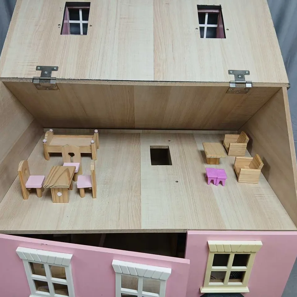 VINTAGE WOODEN DOLL'S HOUSE WITH MINIATURE FURNITURE – PINK EXTERIOR, 3-STOREY