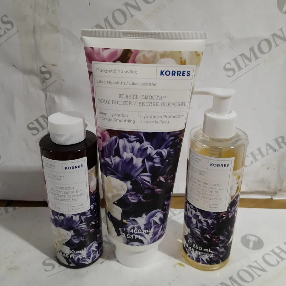 BOXED KORRES LILAC HYACINTH INSTANT SMOOTHING SERUM-IN-SHOWER OIL, BODY BUTTER, AND BODY CLEANSER SET