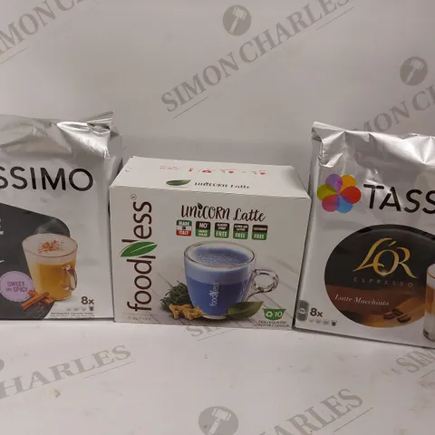 BOX OF APPROX 6 ITEMS TO INCLUDE FOODNESS UNICORN LATTES. TASSIMO ASSORTED COFFEE PODS