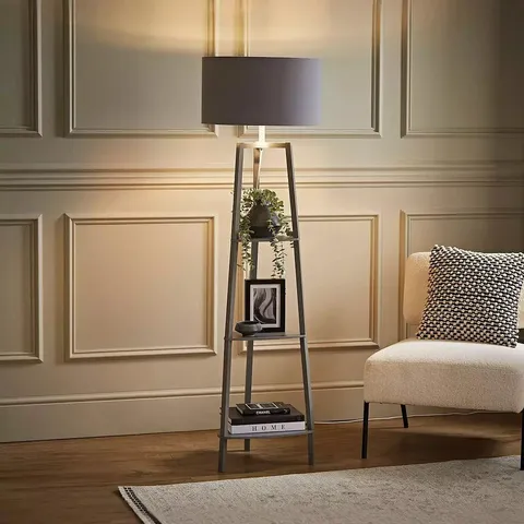 BOXED HIRU GREY 3 TIER SHELF WOODEN FLOOR LAMP + RENI XL NE PENDANT DRUM SHADE GREY & CHROME INNER (2 BOXES)