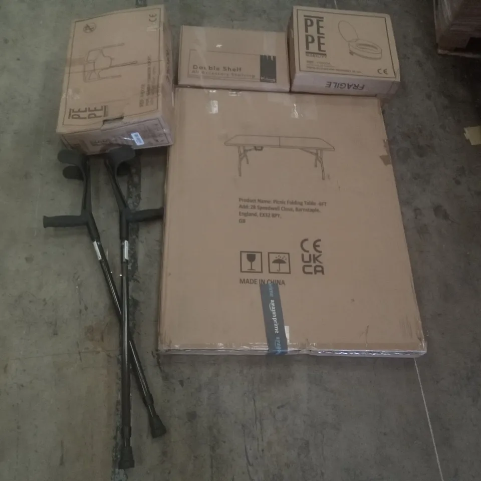 PALLET OF ASSORTED ITEMS INCLUDING PEPE TOILET RISER 4", PICNIC FOLDING TABLE, CARBON FIBRE CRUTCHES, PEPE BEDSIDE COMMODE,  DOUBLE SHELF 