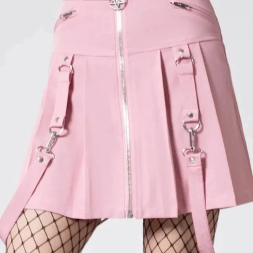 FIVE BRAND NEW KILLSTAR BLAIRE B*ITCH PASTEL PINK SUSPENDER PLEATED MINI SKIRT
