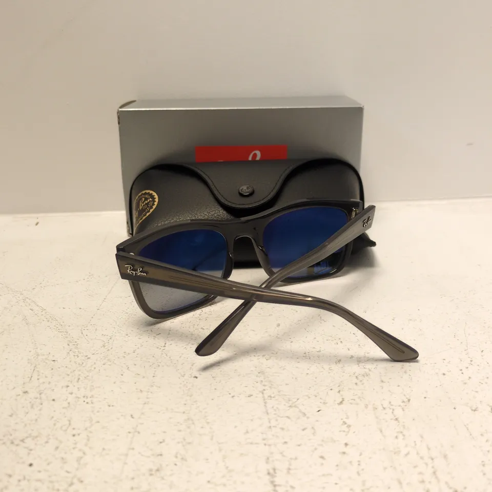 RAY-BAN SUNGLASSES – BLACK FRAME WITH BLUE MIRRORED LENSES
