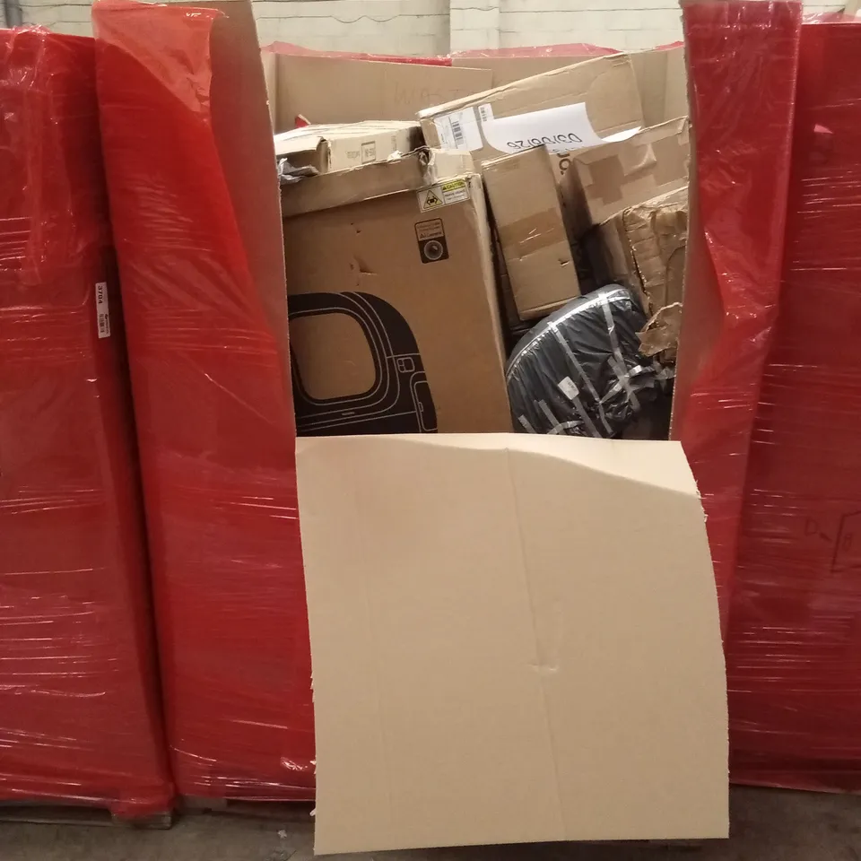 PALLET OF ASSORTED HOUSEHOLD GOODS AND PRODUCTS TO INCLUDE; WONDER VISION AIO CPU LIQUID COOLER, BABY PLAYPEN, CAT LITTER BOX, BOXED FURNITURE ETC