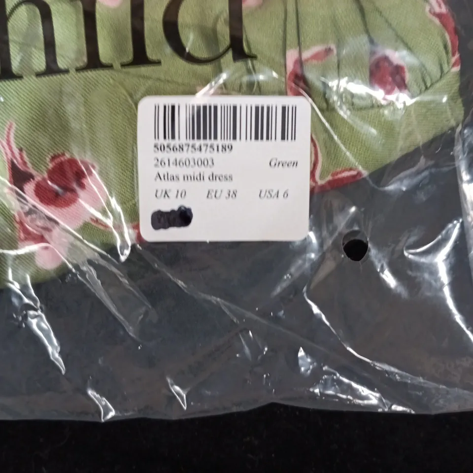 NOBODY'S CHILD ATLAS MIDI DRESS – GREEN, UK 10 (EU 38, US 6) – IN ORIGINAL PACKAGING
