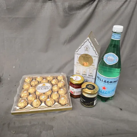 APPROXIMATELY 8 ASSORTED FOOD & DRINK ITEMS TO INCLUDE S.PELLEGRINO SPARKLING WATER, FERRERO ROCHER, BLACK MOUNTAIN HONEY, ETC - COLLECTION ONLY