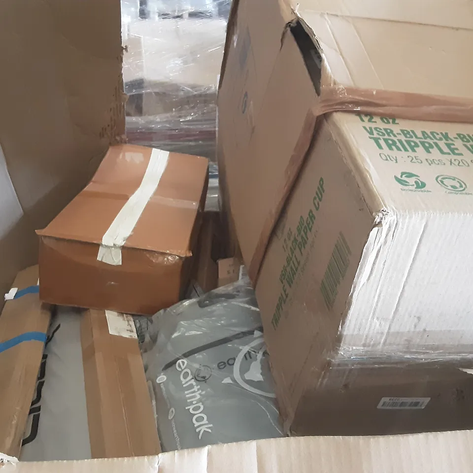 PALLET OF ASSORTED PRODUCTS INCLUDING COSTWAY, OLARHIKE DOUBLE HIGH AIR MATTRESS, SATMAXIMUM PREMIUM CABLE, NEEWER, TRIPPLE WALL PAPER CUP 