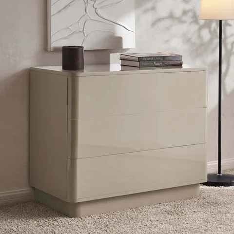 BOXED DUSK ROMILLY HIGH GLOSS 3 DRAWER CHEST - TAUPE (1 BOX)