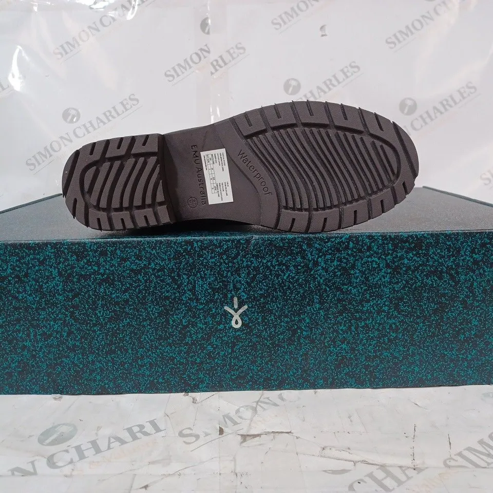 boxed pair of EMU Australia EXPLORER YANCOAL WATERPROOF LEATHER & SUEDE BOOTS - ESPRESSO - SIZE 5
