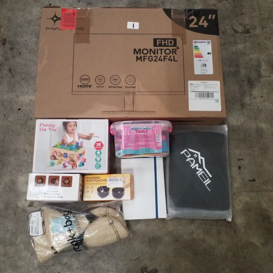 PALLET CONTAINING ASSORTED PRODUCTS INCLUDING 24" MONITOR, FISHING CAR TOY, SPORTS TOWEL, DAILY DAIRY, FOLDING EGG POACHER & BEACH SUN HAT