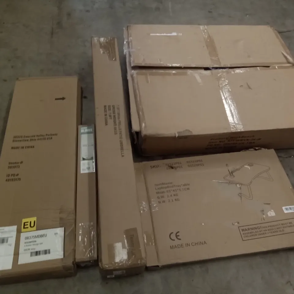 PALLET OF ASSORTED ITEMS INCLUDING LAPTOP BED TRAY TABLE, 4 DRAWER STORAGE UNIT, WINDOW BLINDS, FRILL PATIO UMBRELLA, WORK BENCH