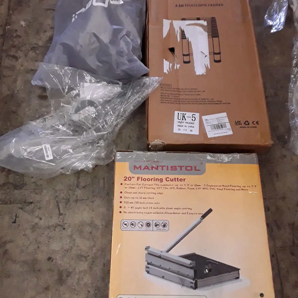 PALLET OF ASSORTED PRODUCTS TO INCLUDE; ACROHOME 4.5M TELESCOPIC LADDER - FLOOR CUTTER - SILVER CEILING LIGHT ECT