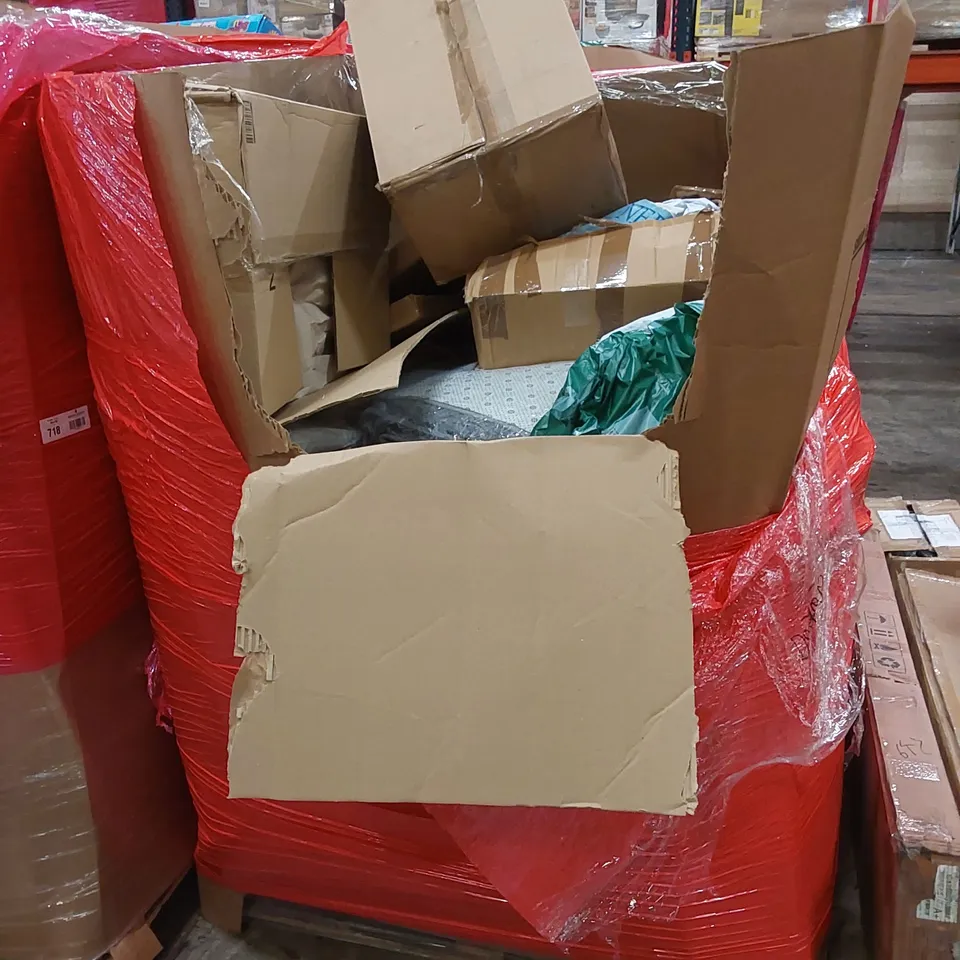 PALLET OF ASSORTED HOUSEHOLD ITEMS AND CONSUMER PRODUCTS. INCLUDING; TV MOUNT STAND, ADJUSTABLE STRENGTH DUMBBELL, BOXED FURNITURE ETC 