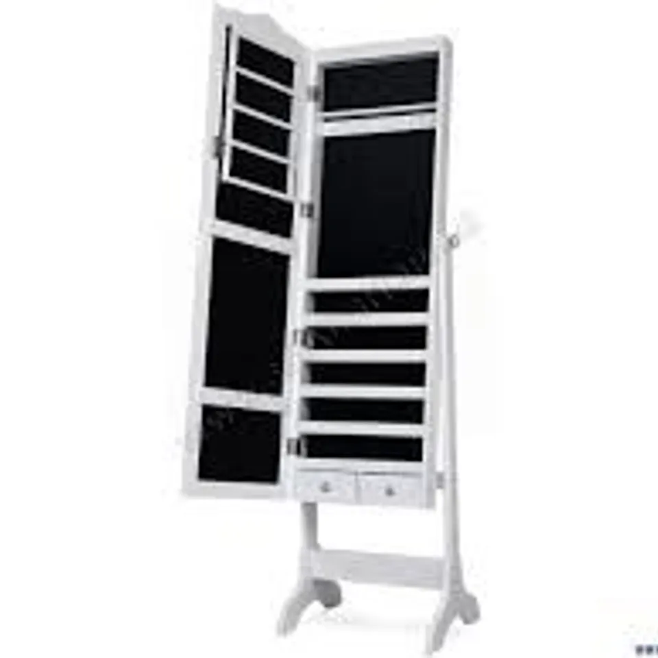 BOXED COSTWAY JEWELLERY CABINET FREE STANDING LOCKABLE JEWELRY ARMOIRE ORGANIZER W/ LED LIGHTS - WHITE