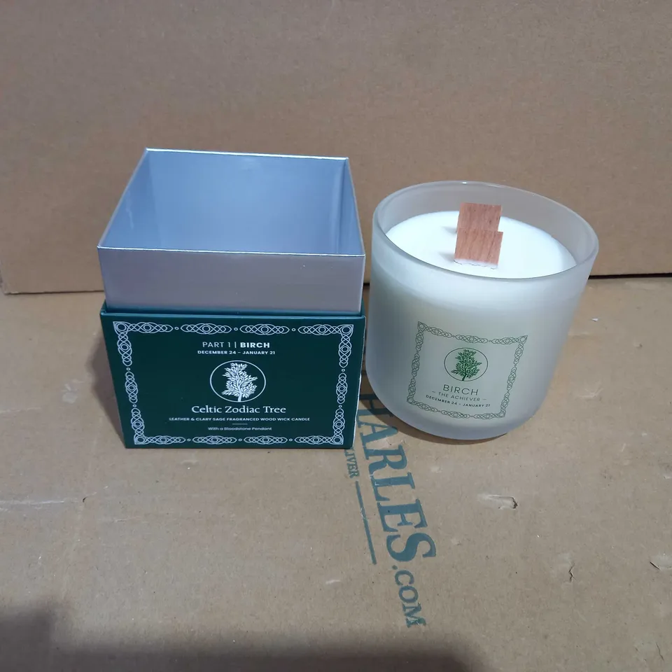 CELTIC ZODIAC TREE LEATHER AND CLARY SAGE FRAGRANCED WOOD WICK CANDLE 