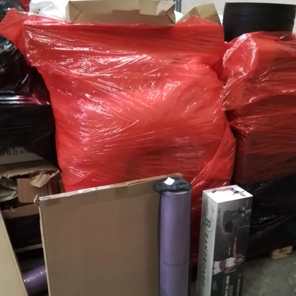 PALLET OF ASSORTED HOUSEHOLD GOODS AND PRODUCTS TO INCLUDE;LED CEILING PANEL,YOGA MAT,SPORT BANDS