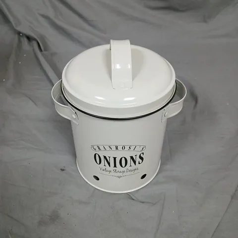 ONIONS VINTAGE STORAGE CANISTER – ENAMEL METAL WITH LID AND HANDLES