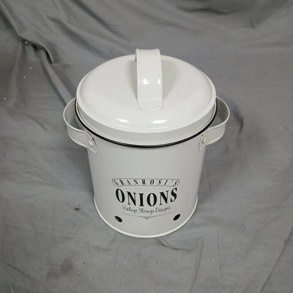 ONIONS VINTAGE STORAGE CANISTER – ENAMEL METAL WITH LID AND HANDLES