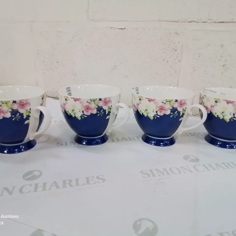 BOXED BLUE FLORAL BONE CHINA MUGS - SET OF 4