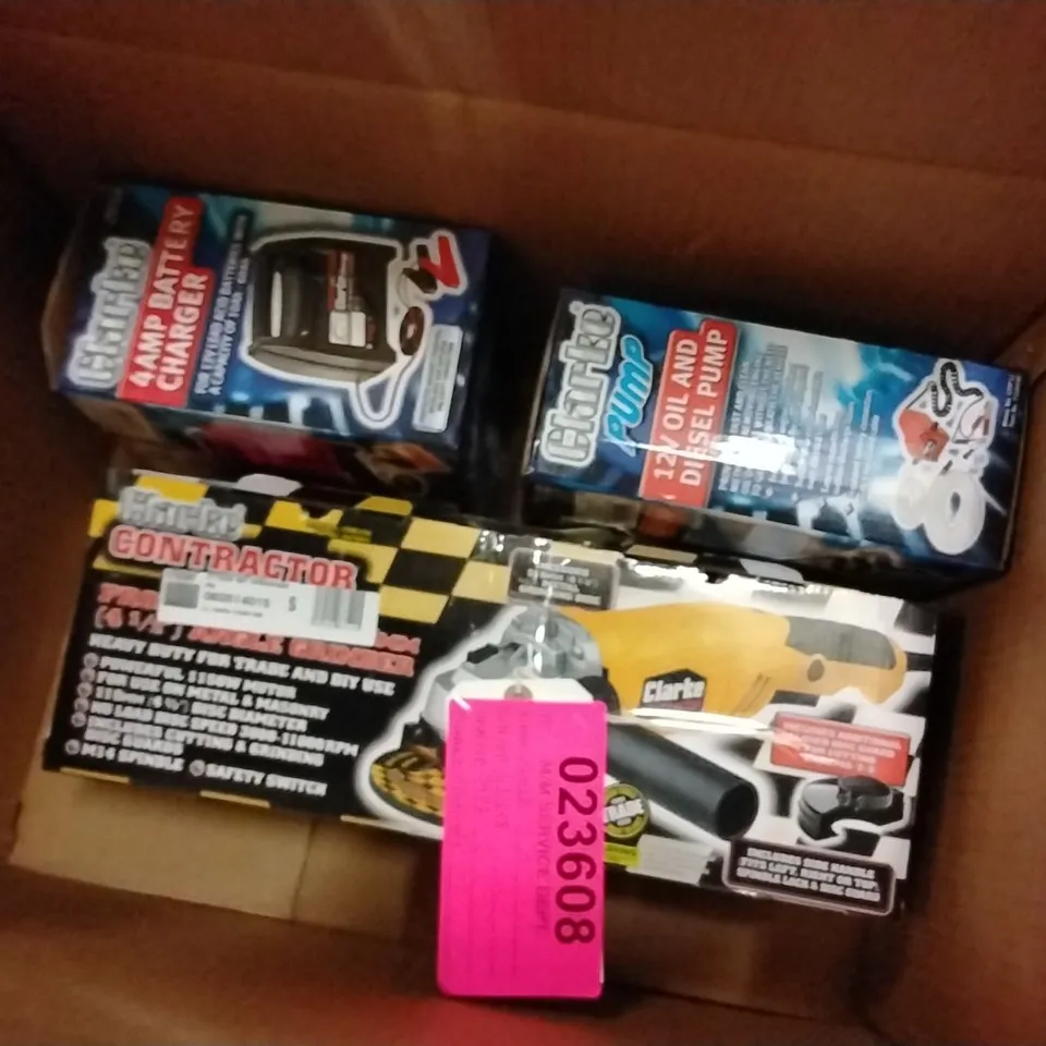 BOX TO CONTAIN ASSORTED TOOLS AND PRODUCTS TO INCLUDE;ANGLE GRINDER,OIL AND DIESEL PUMP,BATTERY CHARGER