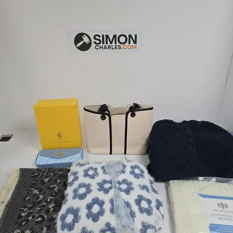BOX OF APPROXIMATELY 15 ASSORTED ITMES INCLUDING J.V.CHADWIN BLUE CLUTCH BAG, A CREAM COLOURED HANDBAG AND TAMSY BLUE AND WHITE FLOWERED FLUFFY CARDIGAN