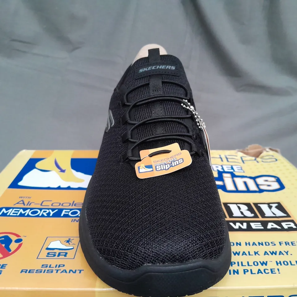 BOXED SKECHERS WORK FOOTWEAR LIP ONS IN BLACK - UK 6