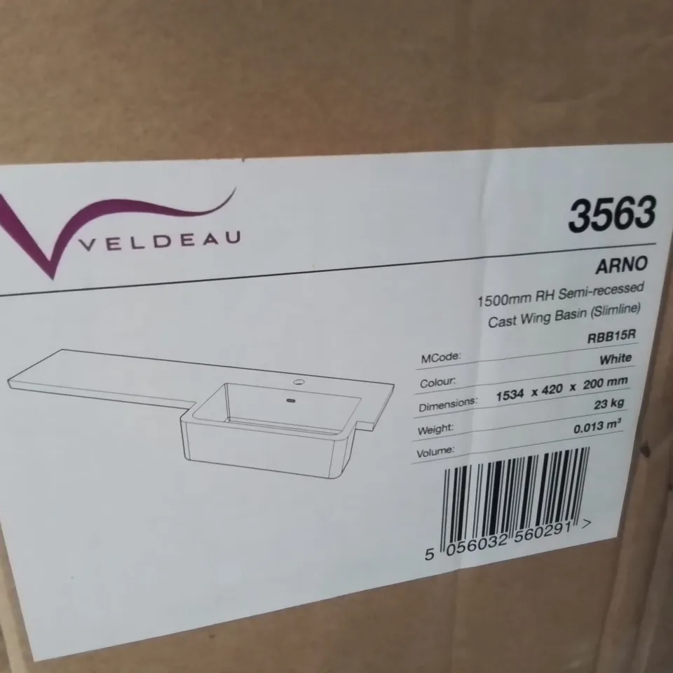 LOT OF 4 BOXED AS NEW VELDEAU ARNO 1500MM RH SEMI RECESSED CAST WING BASIN - 1534X420X200MM