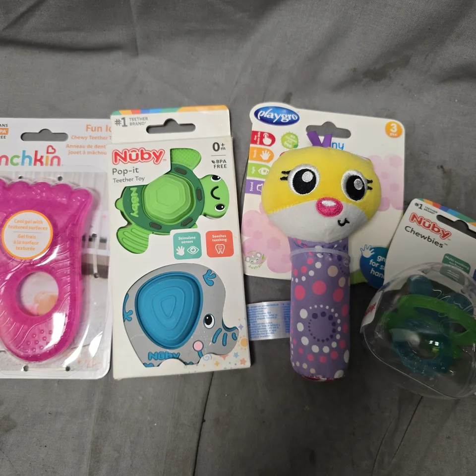 BABY TOYS LOT – MUNCHKIN TEETHER, NUBY POP-IT TEETHER, PLAYGRO OWL RATTLE & NUBY CHEWBIES