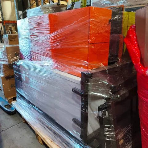 PALLET OF ASSORTED OFFICE FURNITURE INCLUDING DRAWERS AND CHAIR BASES 