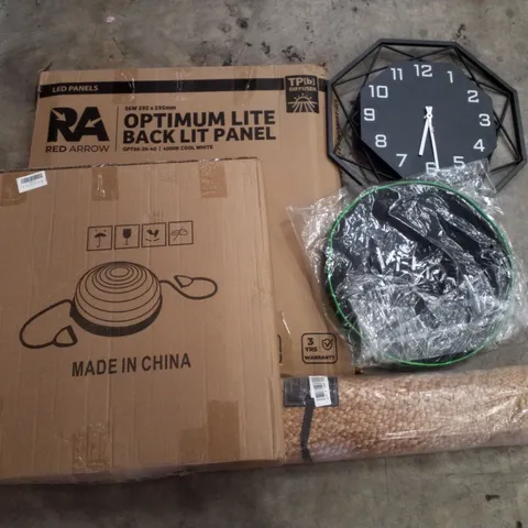 PALLET CONTAINING ASSORTED PRODUCTS INCLUDING OPTIMUM LITE BACK LIT PANEL, HALF BALANCE BALL, WALL CLOCK, EV CHARGER & RUG