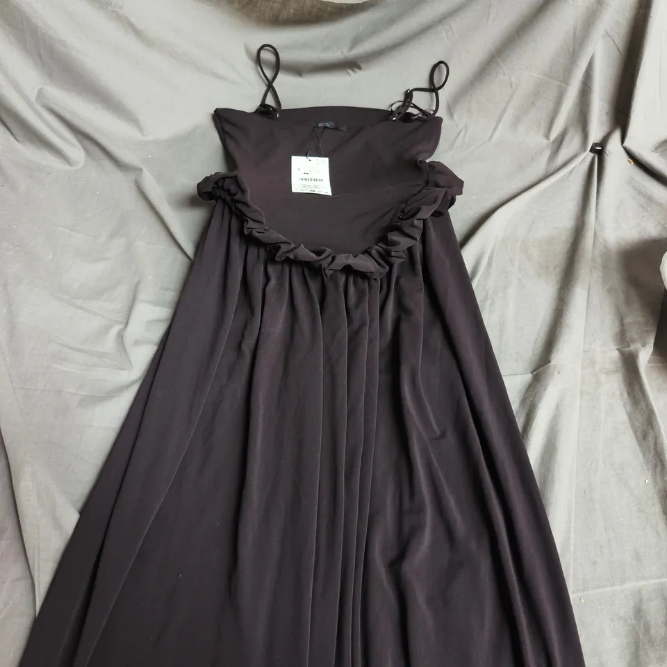 ZARA WOMEN'S DRESS - DARK PLUM, SIZE S, SLEEVELESS WITH RUFFLE NECKLINE