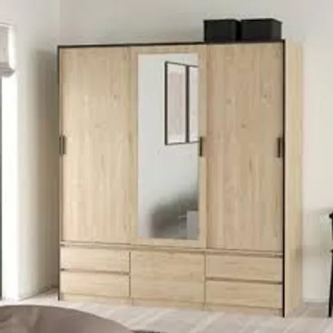 BOXED LYNTON MIRRORED 4 DOOR WARDROBE - NATURAL (3 BOXES)