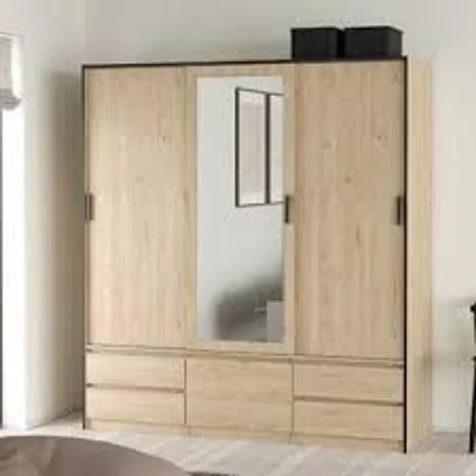 BOXED LYNTON MIRRORED 4 DOOR WARDROBE - NATURAL (3 BOXES)
