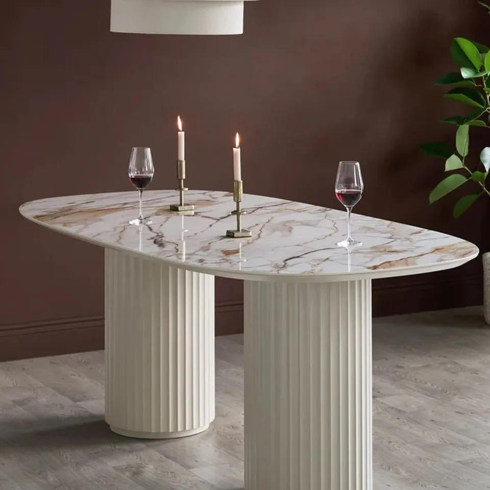 BOXED DANETTI HANNE NATURAL CERAMIC 6 SEATER DINING TABLE (3 BOXES)