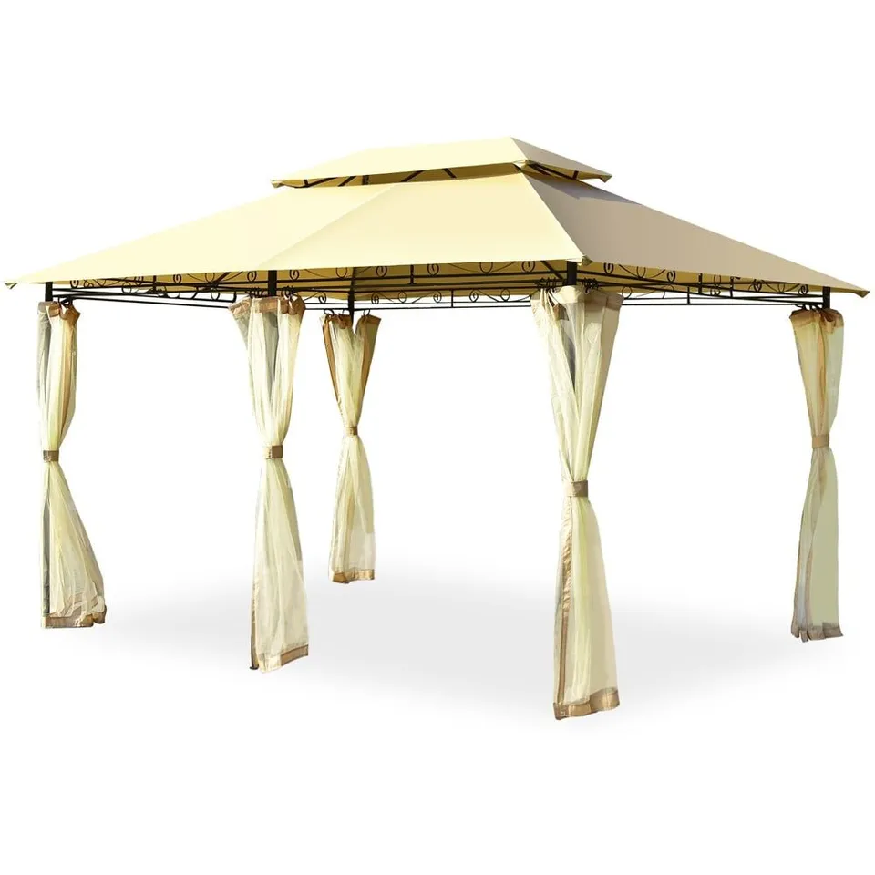 BOXED 2.6 X 3.6M BEIGE GARDEN GAZEBO WITH REMOVABLE MESH SIDE WALL (1 BOX)