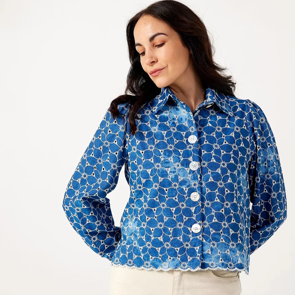 HELENE BERMAN EMBROIDED LINED DENIM CROPPED JACKET BLUE SIZE 14