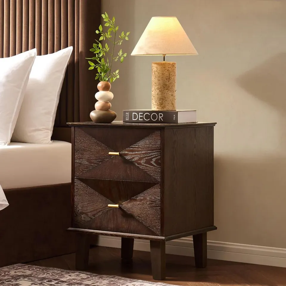 BOXED DUSK BRIANNA CONCAVE 2 DRAWER BEDSIDE TABLE - WALNUT (1 BOX)