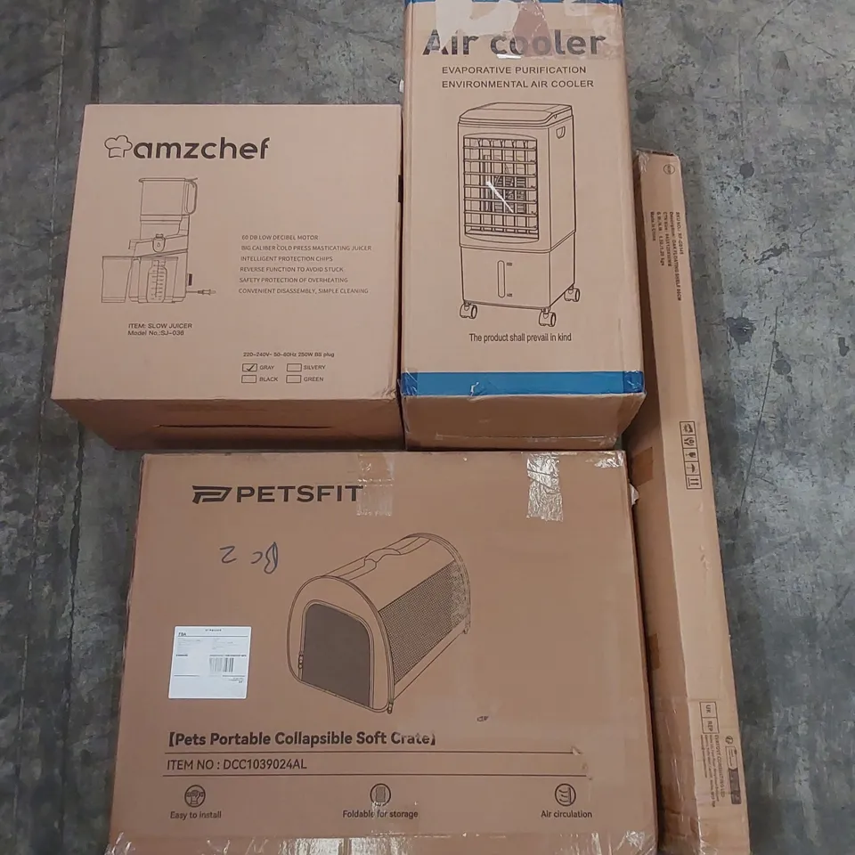 PALLET OF ASSORTED ITEMS INCLUDING SLOW JUICER, AIR COOLER, PORTABLE COLLAPSIBLE PET CRATE, FLOATING SHELF
