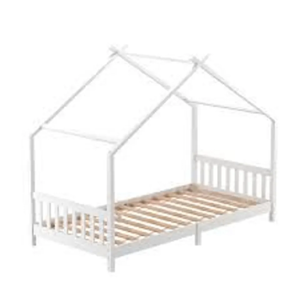 BOXED LIVING AND HOME PINE WOOD HOUSE-SHAPED BED FRAME - WHITE (1 BOX)