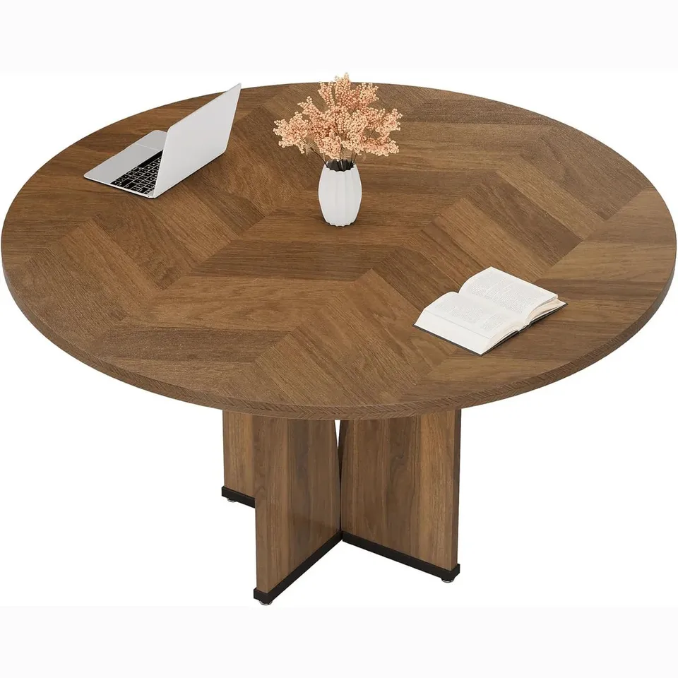 BOXED 39" ROUND CONFERENCE TABLE FOR 4, MULTI-PURPOSE OFFICE TABLE FOR MEETINGS - BROWN (1 BOX)