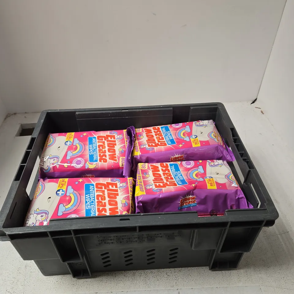 TOTE OF APPROXIMATELY 10 PACKETS OF ELBOW GREASE ANTIBACTERIAL WIPES