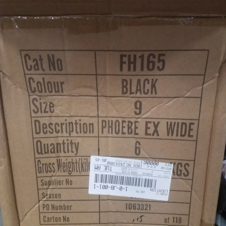 BOX CONTAINING APPROXIMATELY 6 PAIRS OF BRAND NEW SIMPLY BE BLACK PHOEBE EX WIDE SANDALS - SIZE 9