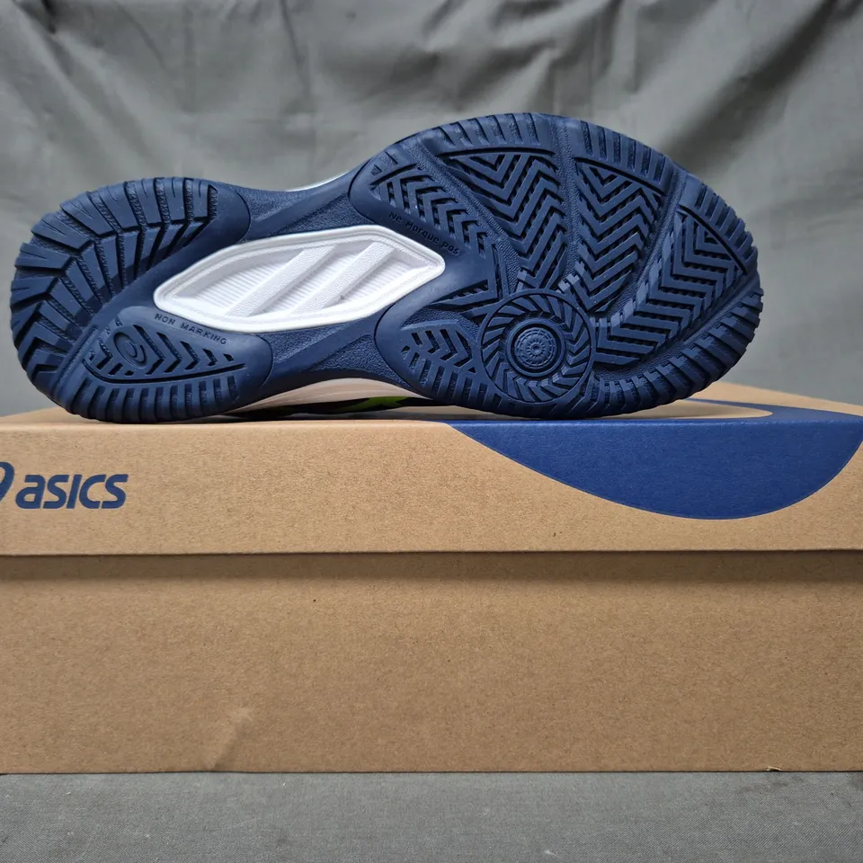 BOXED PAIR OF ASICS UPCOURT 6 GS SHOES IN NAVY/GREEN UK SIZE 3